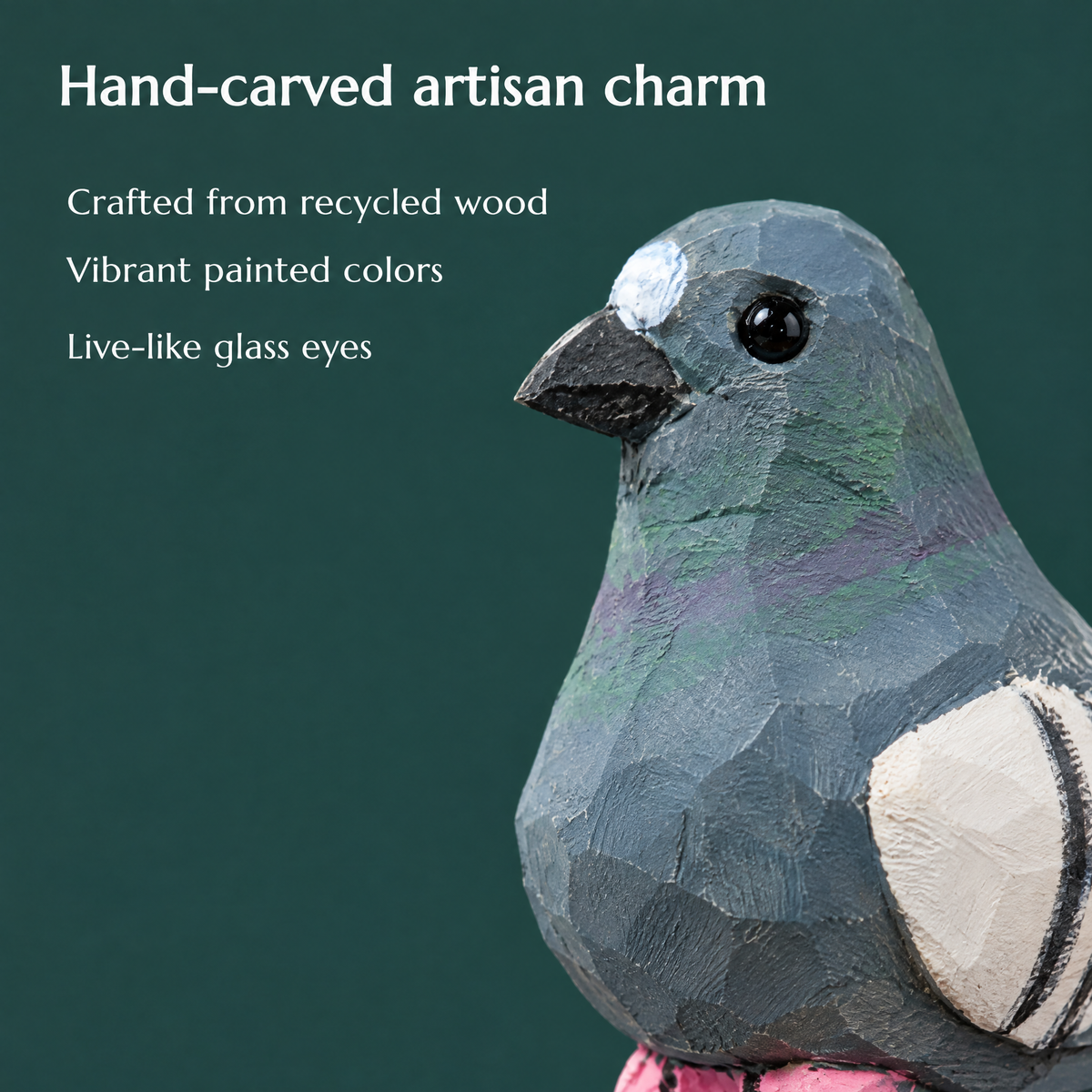 Pigeon hand-carved wooden ornament by Selsela, close-up of the hand-carved detail