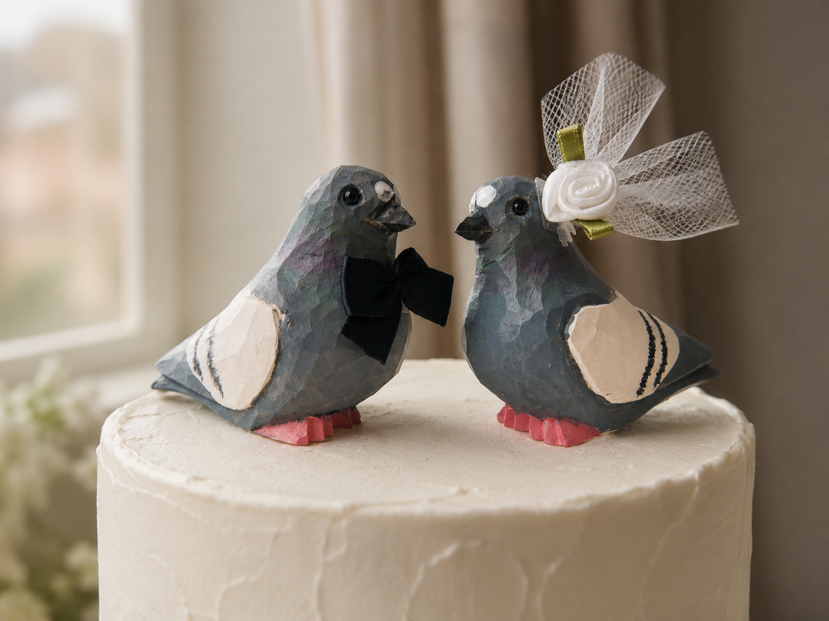 Pigeon hand-carved wooden cake topper by Selsela, bride and groom pair on a wedding cake