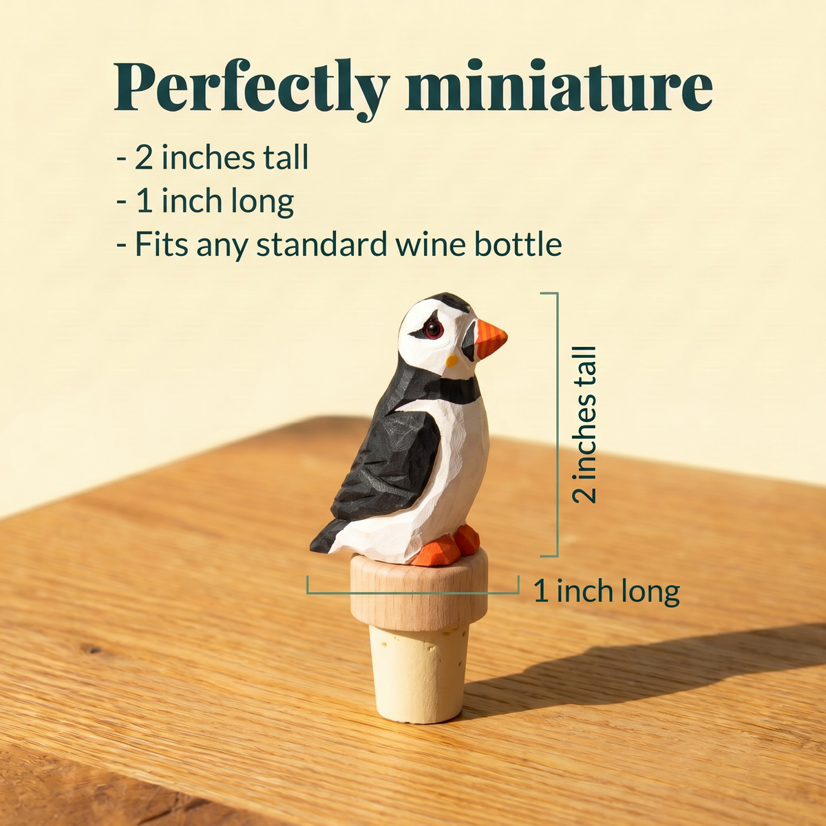Puffin hand-carved wooden wine stopper by Selsela, with size measurements