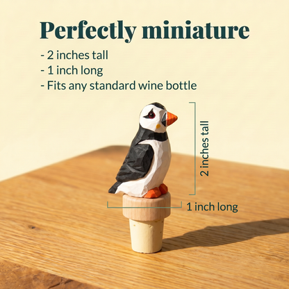 Puffin hand-carved wooden wine stopper by Selsela, with size measurements