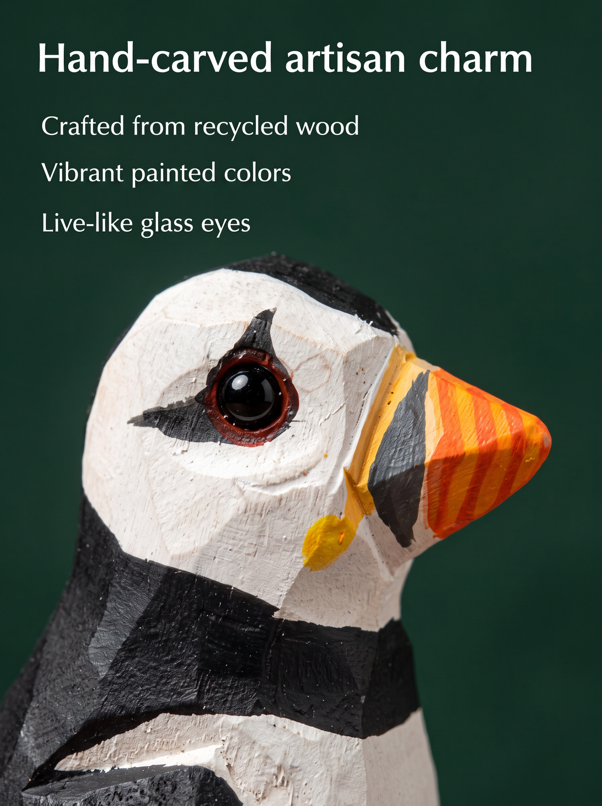 Puffin hand-carved wooden wine stopper by Selsela, close-up of the hand-carved detail