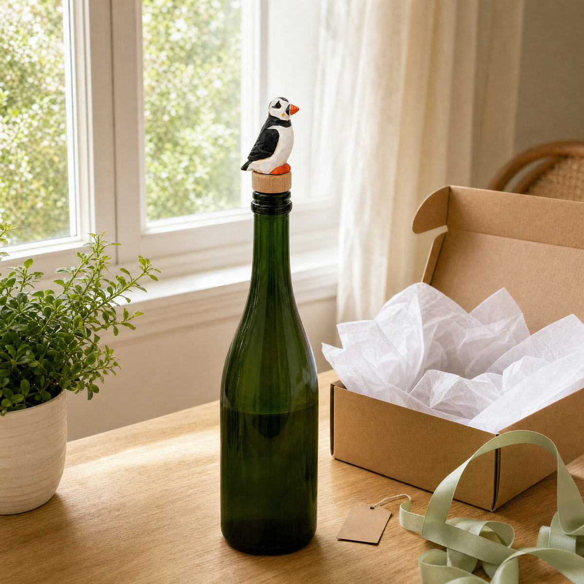 Puffin hand-carved wooden wine stopper by Selsela, in a styled scene