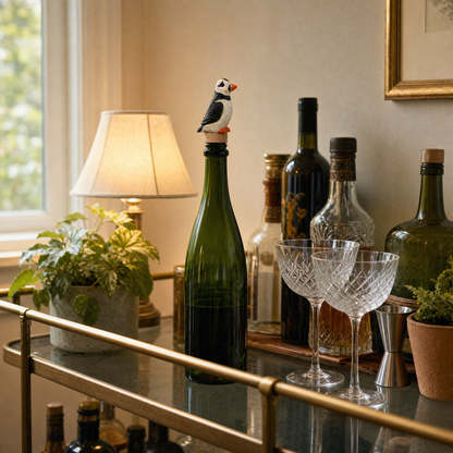 Puffin hand-carved wooden wine stopper by Selsela, in a styled scene
