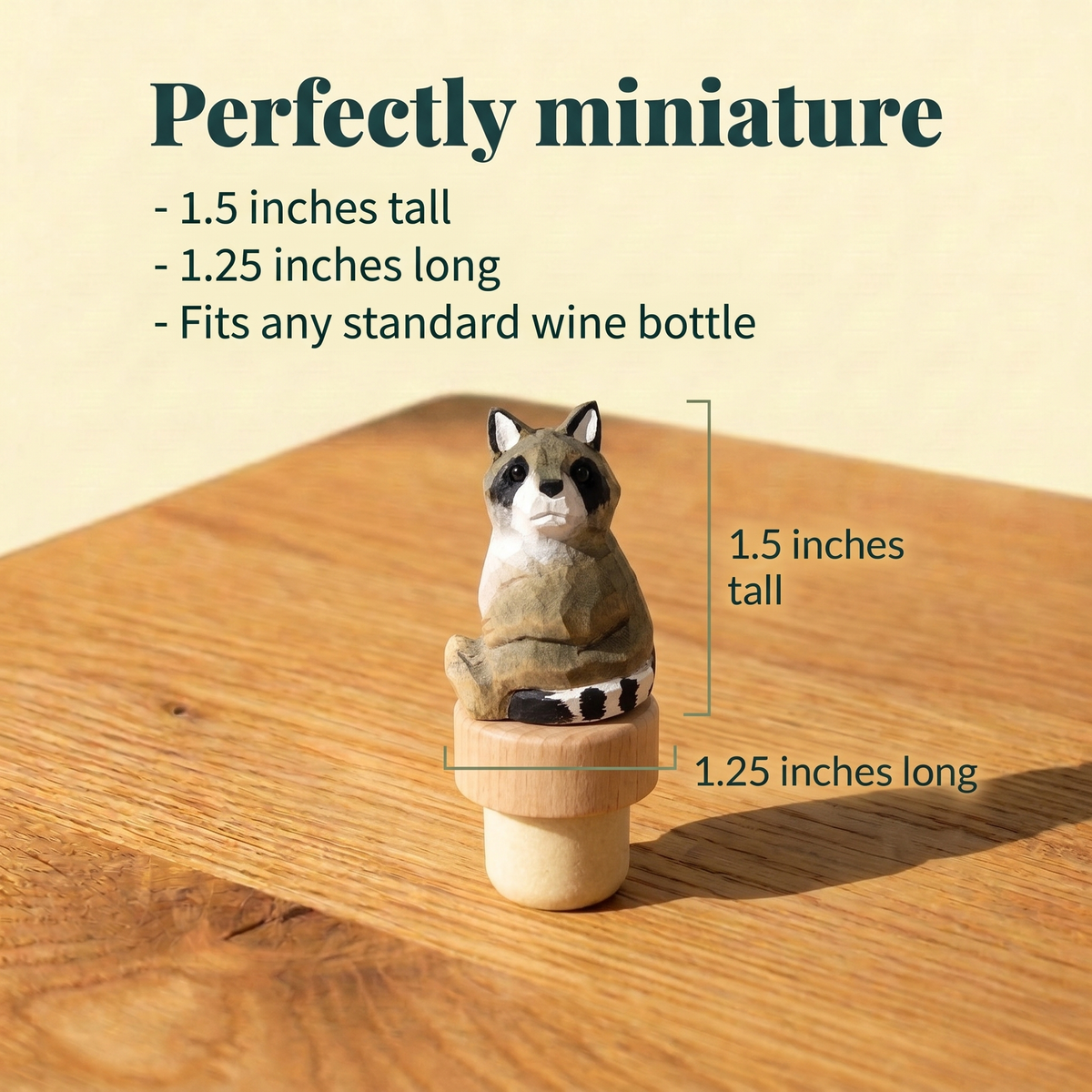 Raccoon hand-carved wooden wine stopper by Selsela, with size measurements