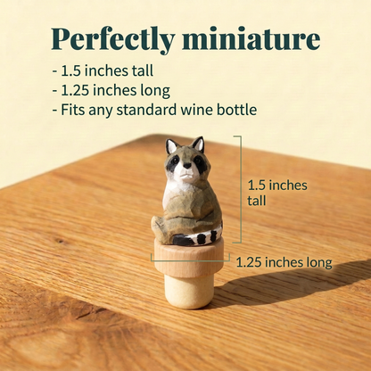 Raccoon hand-carved wooden wine stopper by Selsela, with size measurements