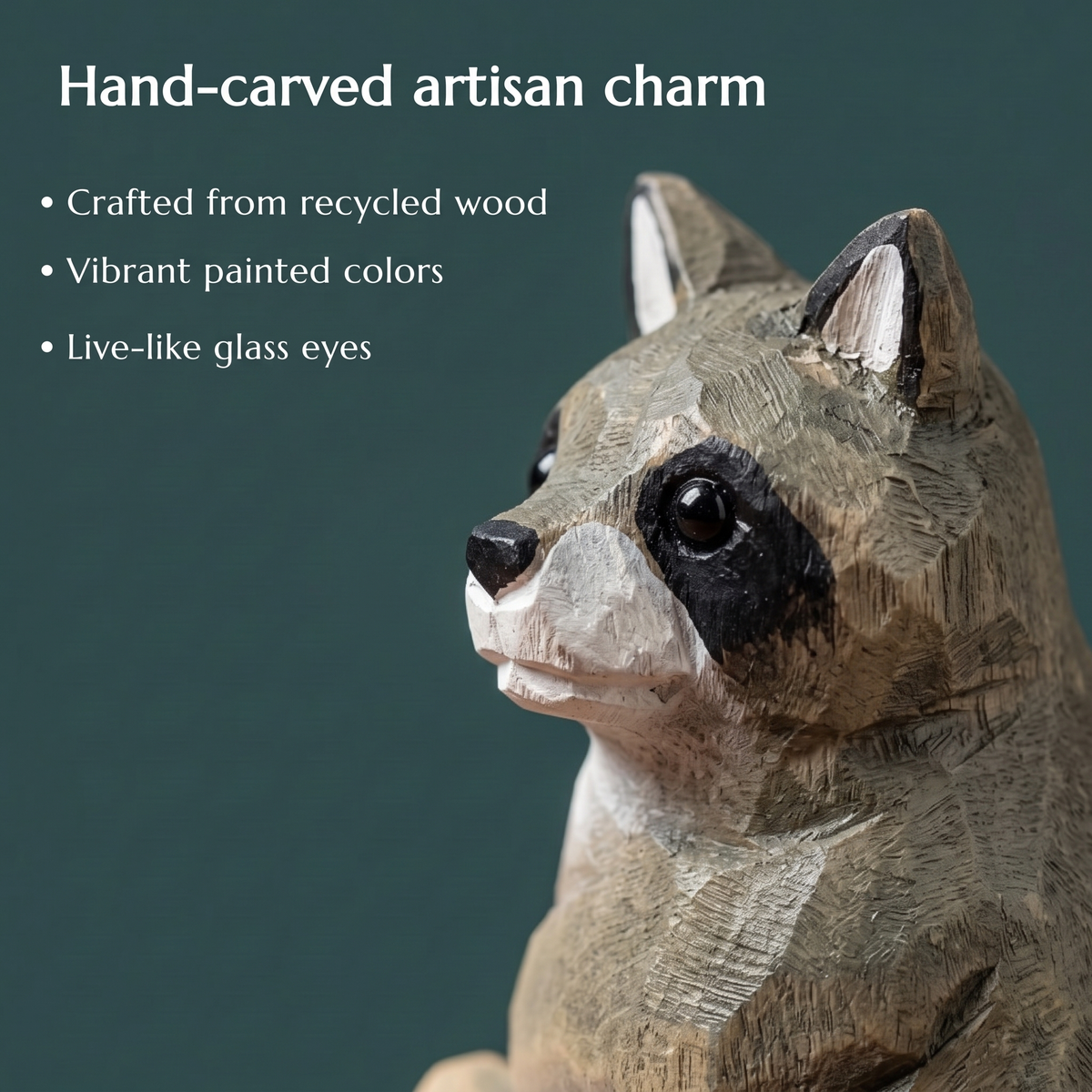 Raccoon hand-carved wooden wine stopper by Selsela, close-up of the hand-carved detail