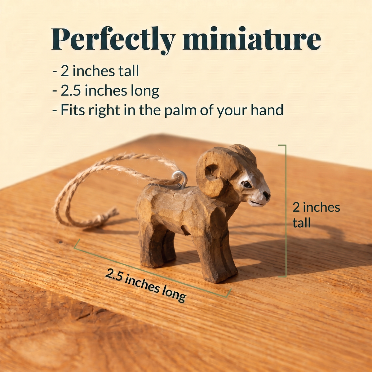 Ram hand-carved wooden ornament by Selsela, with size measurements