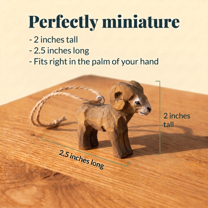 Ram hand-carved wooden ornament by Selsela, with size measurements
