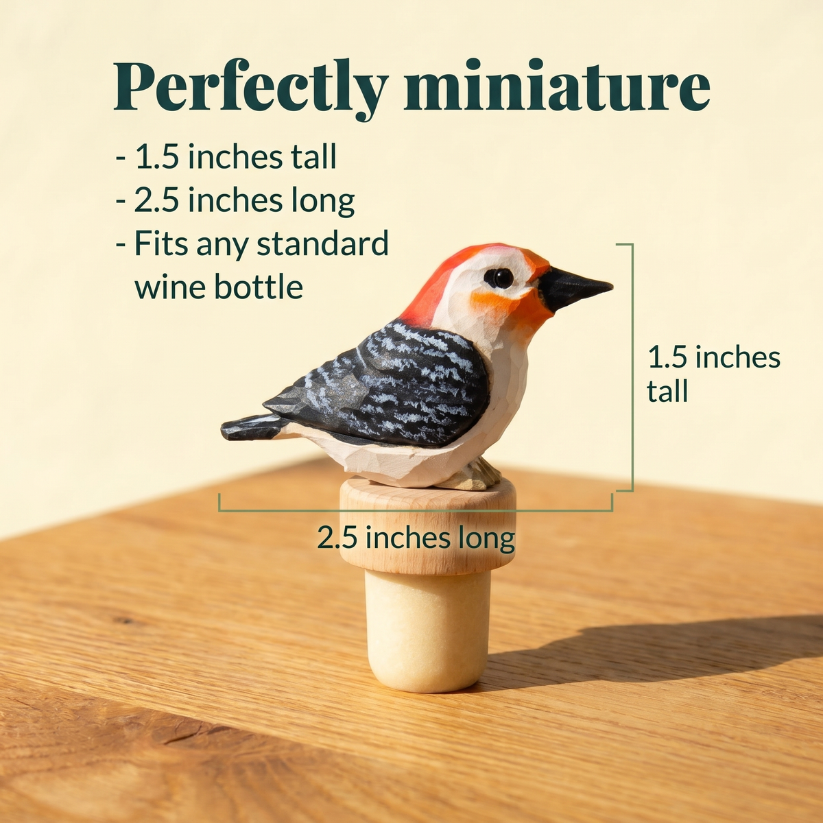 Red-Bellied Woodpecker hand-carved wooden wine stopper by Selsela, with size measurements