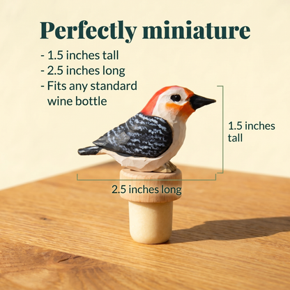 Red-Bellied Woodpecker hand-carved wooden wine stopper by Selsela, with size measurements
