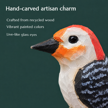 Red-Bellied Woodpecker hand-carved wooden wine stopper by Selsela, close-up of the hand-carved detail
