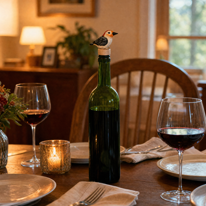 Red-Bellied Woodpecker hand-carved wooden wine stopper by Selsela, in a styled scene