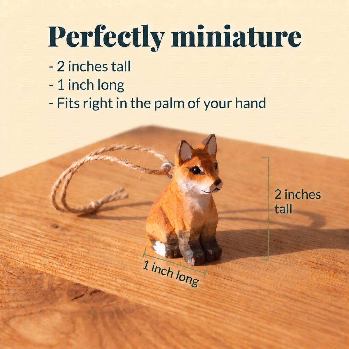 Red Fox hand-carved wooden ornament by Selsela, with size measurements