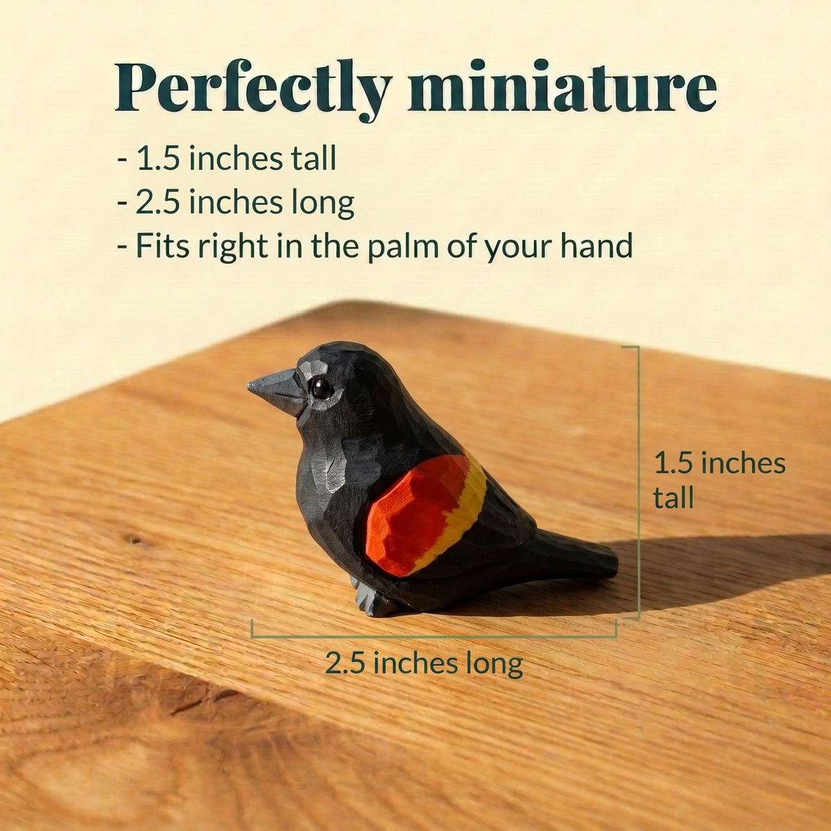 Red-Winged Blackbird hand-carved wooden figurine by Selsela, with size measurements