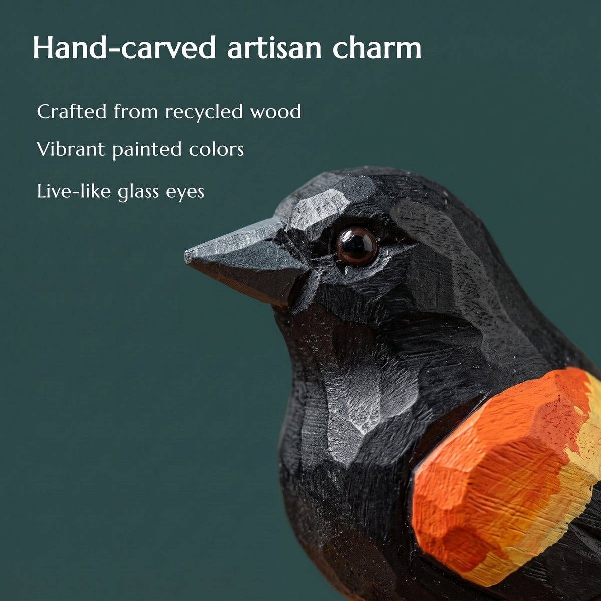 Red-Winged Blackbird hand-carved wooden figurine by Selsela, close-up of the hand-carved detail