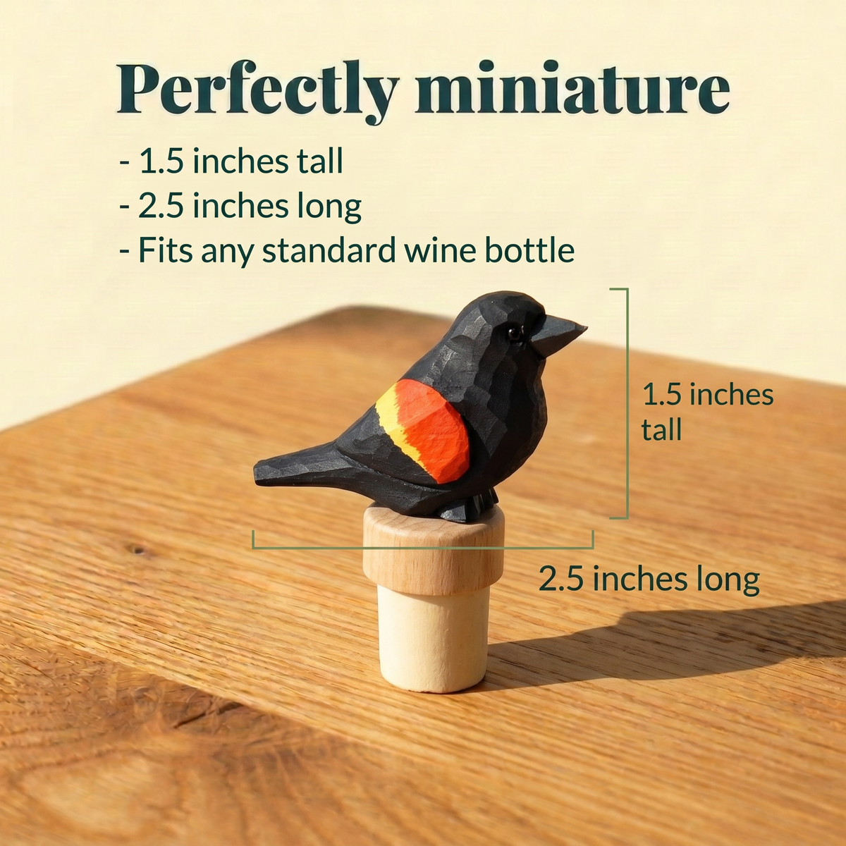 Red-Winged Blackbird hand-carved wooden wine stopper by Selsela, with size measurements