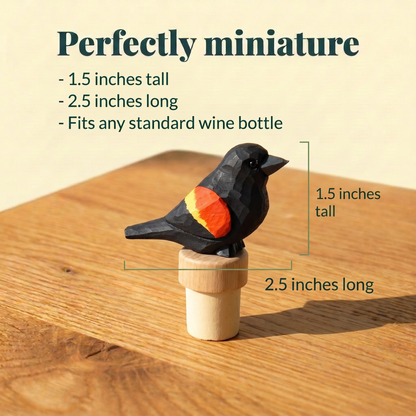 Red-Winged Blackbird hand-carved wooden wine stopper by Selsela, with size measurements