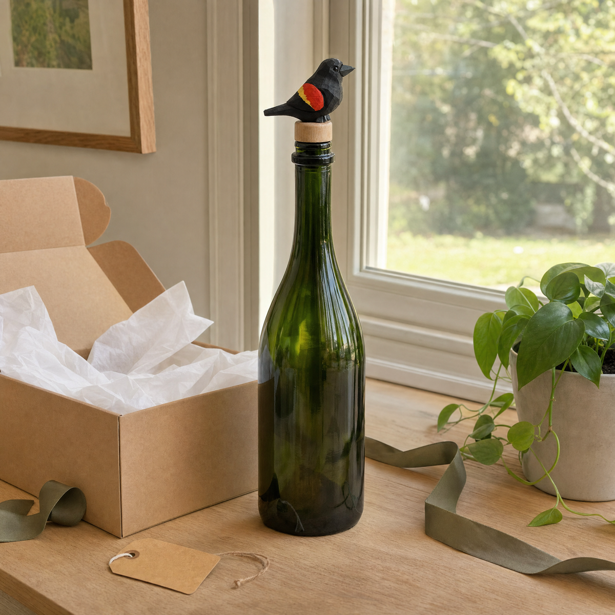 Red-Winged Blackbird hand-carved wooden wine stopper by Selsela, in a styled scene