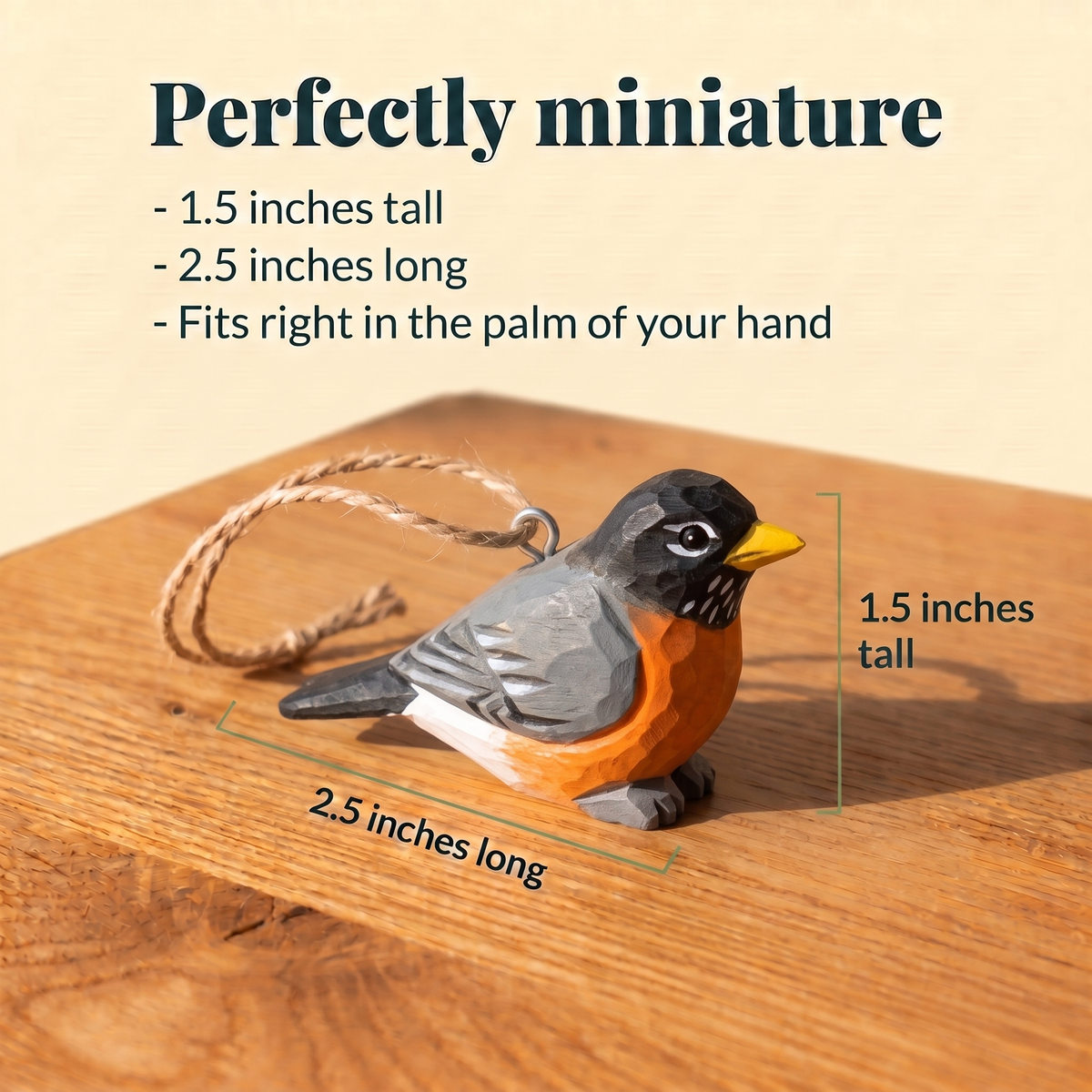American Robin hand-carved wooden ornament by Selsela, with size measurements
