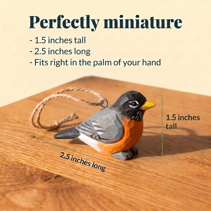 American Robin hand-carved wooden ornament by Selsela, with size measurements