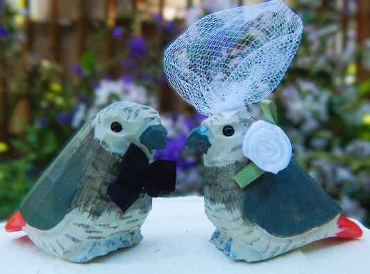 Grey African Parrot Love Bird Cake Topper Bride & Groom Wedding Engagement Anniversary Carved Wood Statue