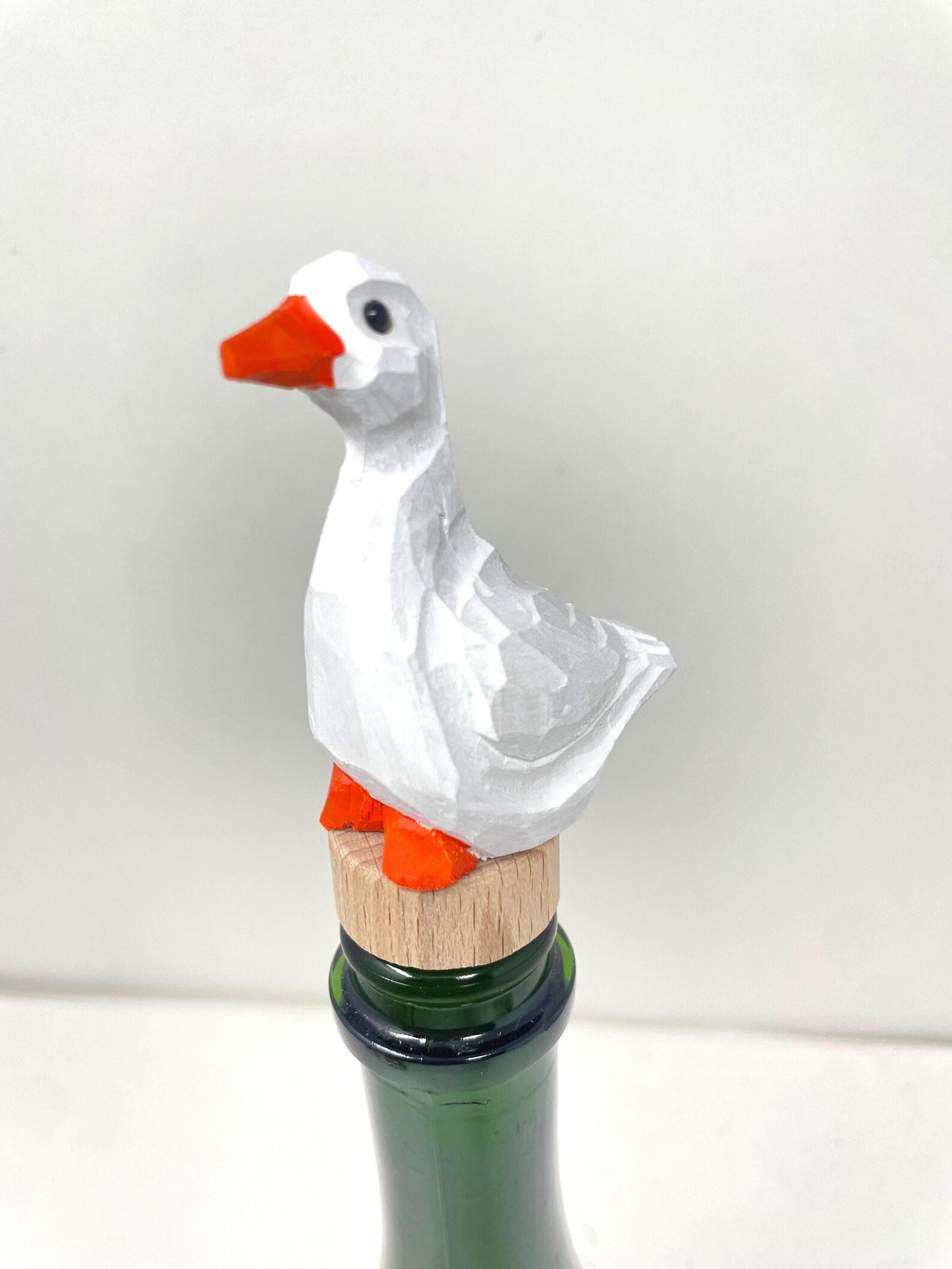 White Goose Wine Stopper Wooden | Hand-Carved Farm Bird Rustic Holiday Décor
