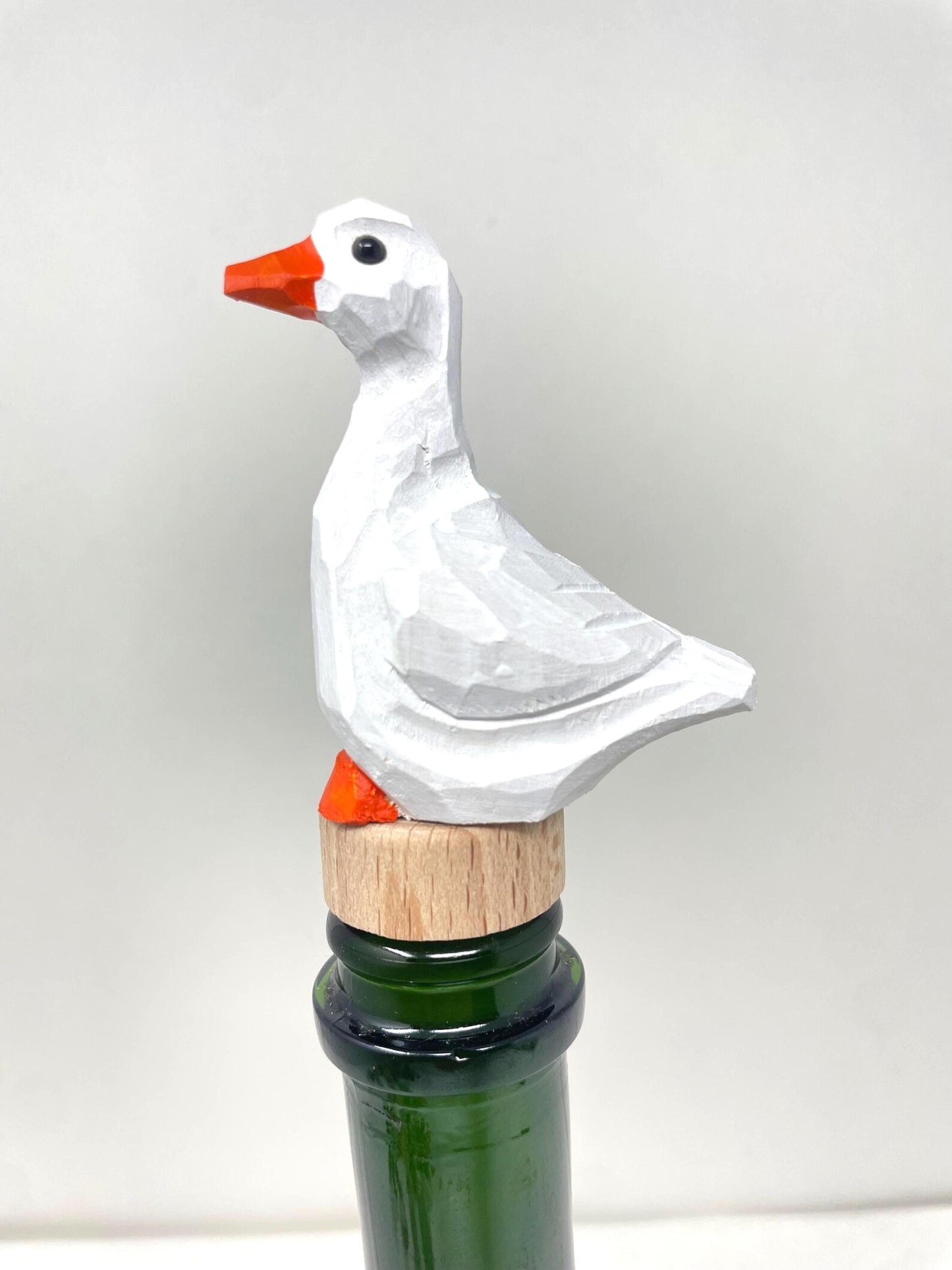 White Goose Wine Stopper Wooden | Hand-Carved Farm Bird Rustic Holiday Décor