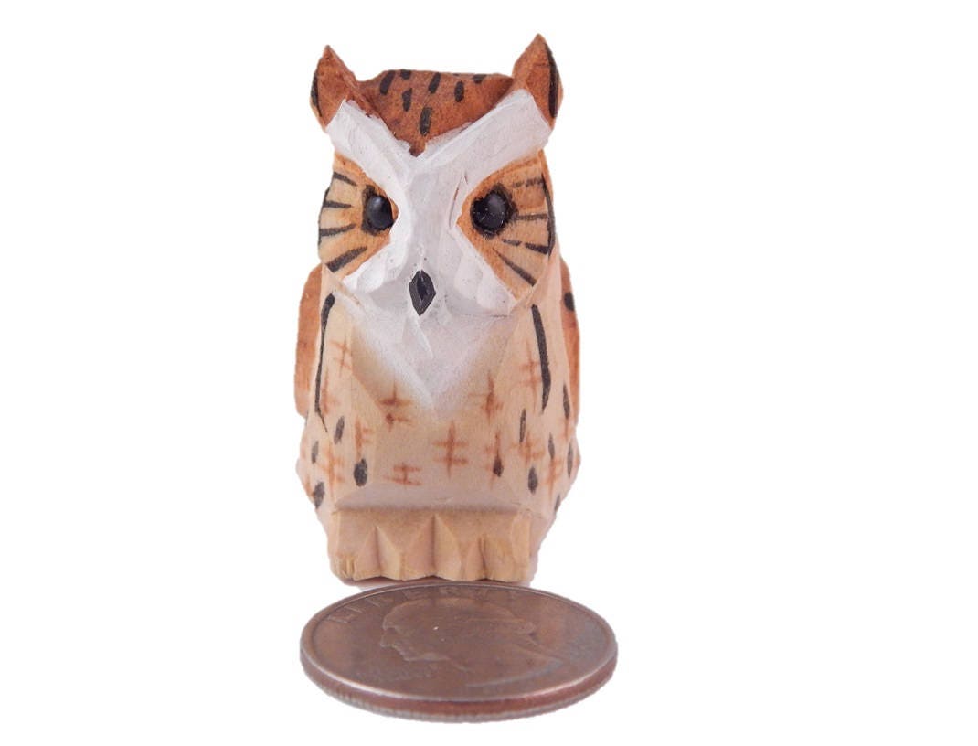Horned Owl Ornament Hanging Hand-Carved Wooden Figurine: Miniature Rustic Bird Statue Folk Art