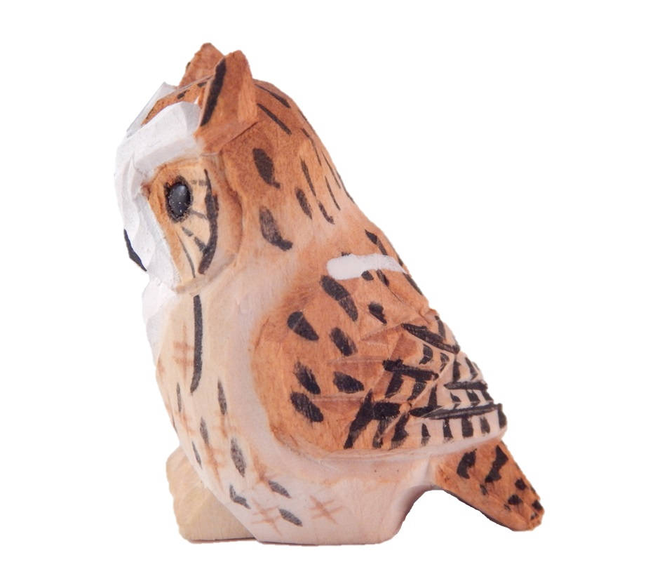 Hand-Carved Wooden Horned Owl Figurine: Miniature Rustic Bird Statue Folk Art