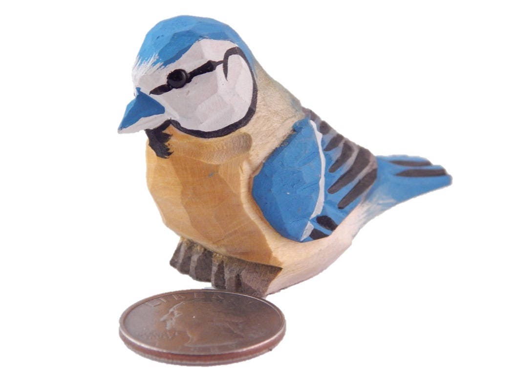 Blue Tit - Wood Figurine Home Decor Handmade Bird Art Carved Statue Small Animals Collectible