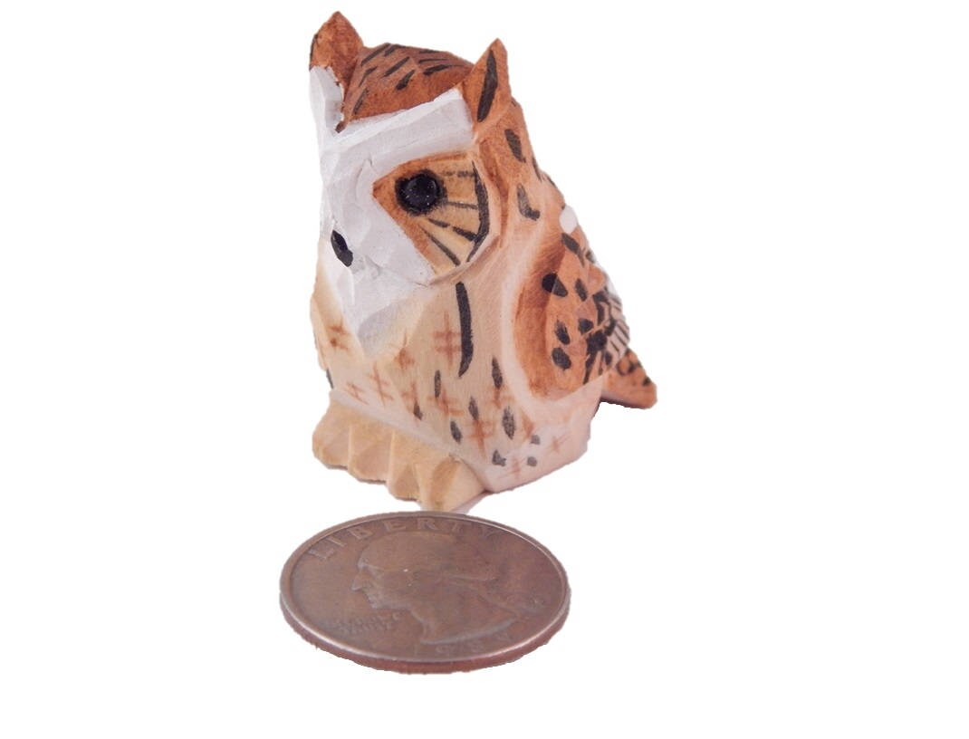 Horned Owl Ornament Hanging Hand-Carved Wooden Figurine: Miniature Rustic Bird Statue Folk Art