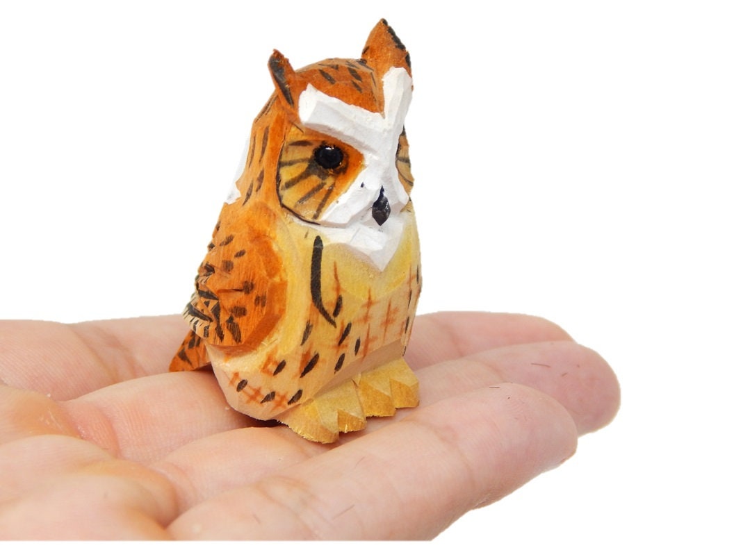 Hand-Carved Wooden Horned Owl Figurine: Miniature Rustic Bird Statue Folk Art