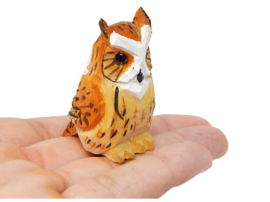 Hand-Carved Wooden Horned Owl Figurine: Miniature Rustic Bird Statue Folk Art