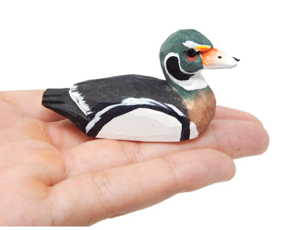 Wood Duck Carolina Drake Figurine - Wooden Miniature Bird Statue Handmade Carving Home Decor Decoration Decoy Small Animals