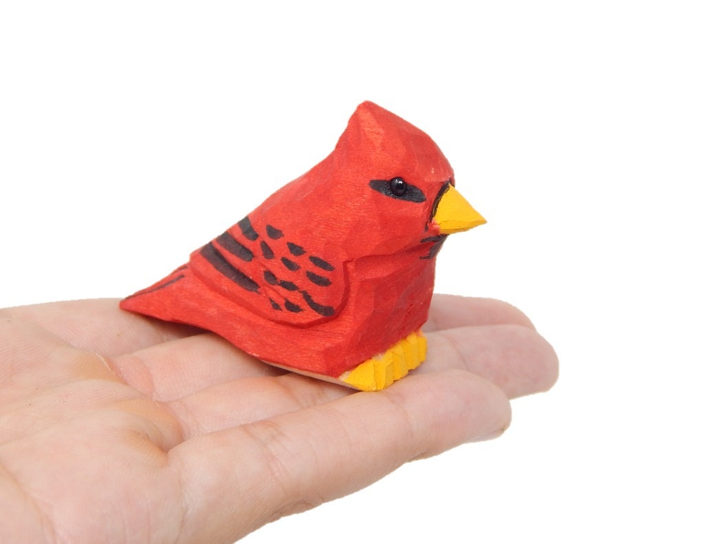 Cardinal Wood Figurine Miniature Handmade Red Bird Art Carved Small Animals Collectible Memorial Gift