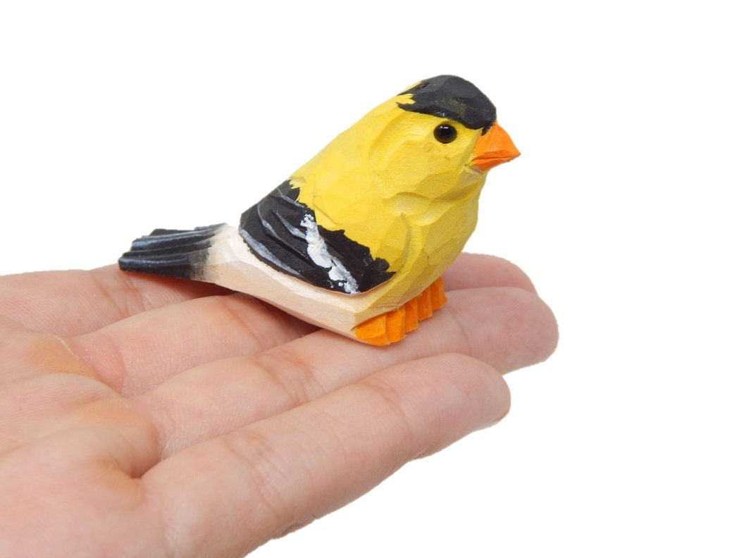 American Goldfinch Handmade Wood Figurine Miniature Yellow Bird Art Statue Carved Ornament Small Animals Collectible