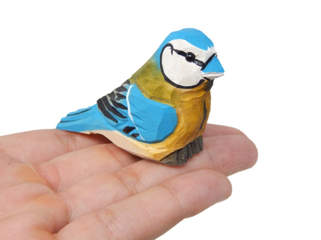 Blue Tit - Wood Figurine Home Decor Handmade Bird Art Carved Statue Small Animals Collectible