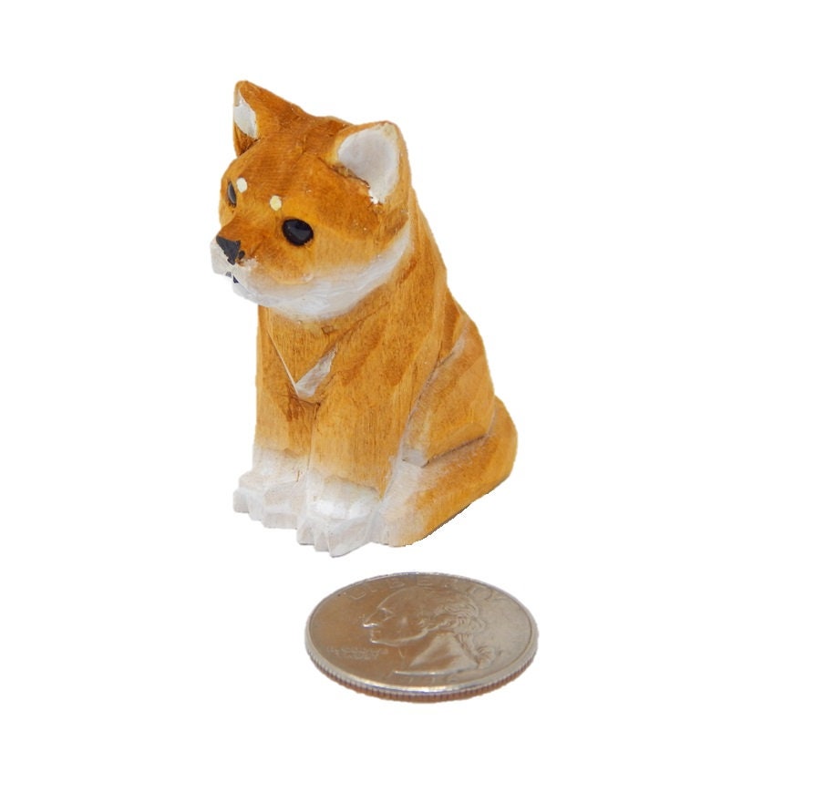 Shiba Inu Dog - Miniature Hand-Painted Wooden Pet Art Decoy Mini Carved Ornament Figurine Small Animals Collectible