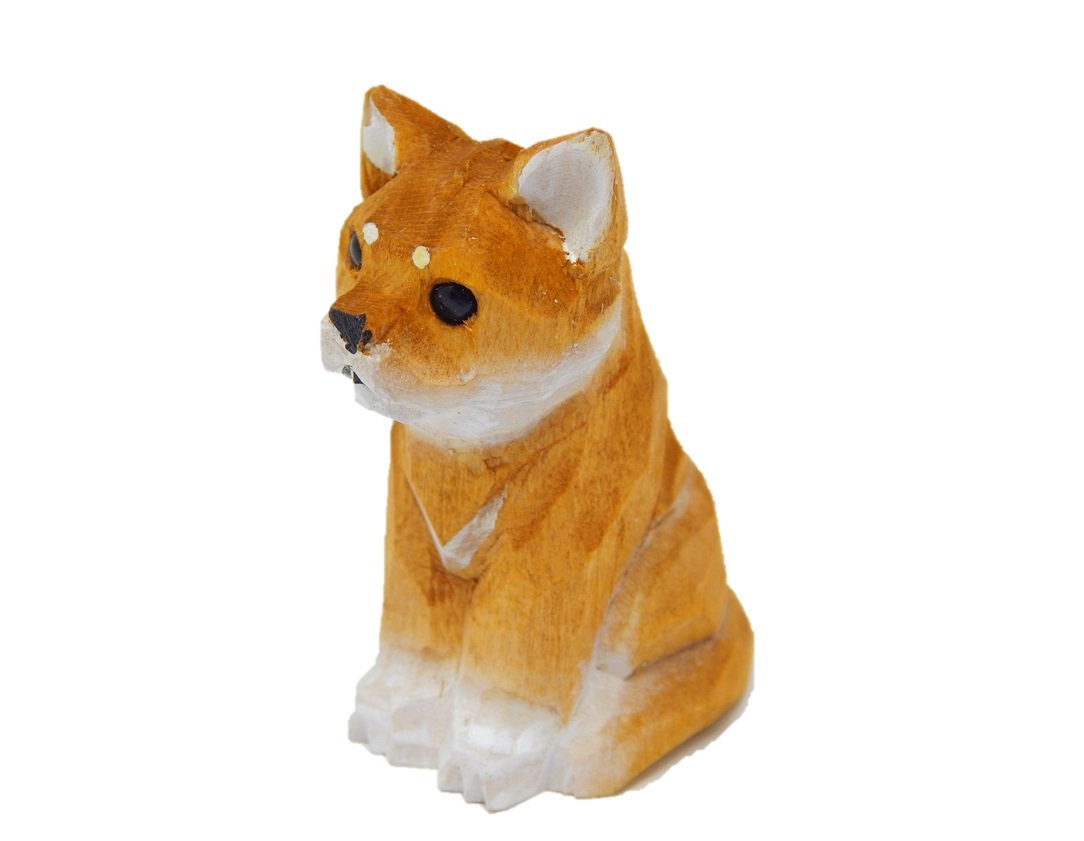 Shiba Inu Dog - Miniature Hand-Painted Wooden Pet Art Decoy Mini Carved Ornament Figurine Small Animals Collectible