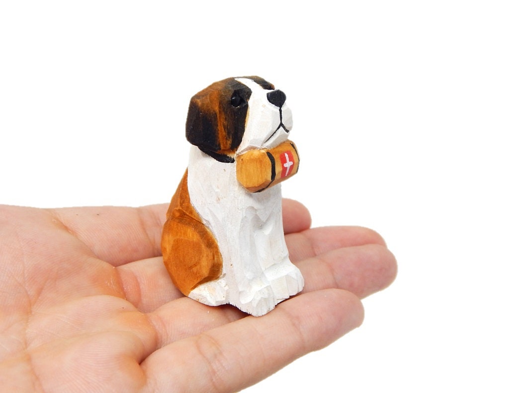 Bernard Dog Puppy Figurine - Miniature 2 Inch Wooden Carving Handmade Home Decor Small Animal Garden Statue Toy Pet Loss Memorial