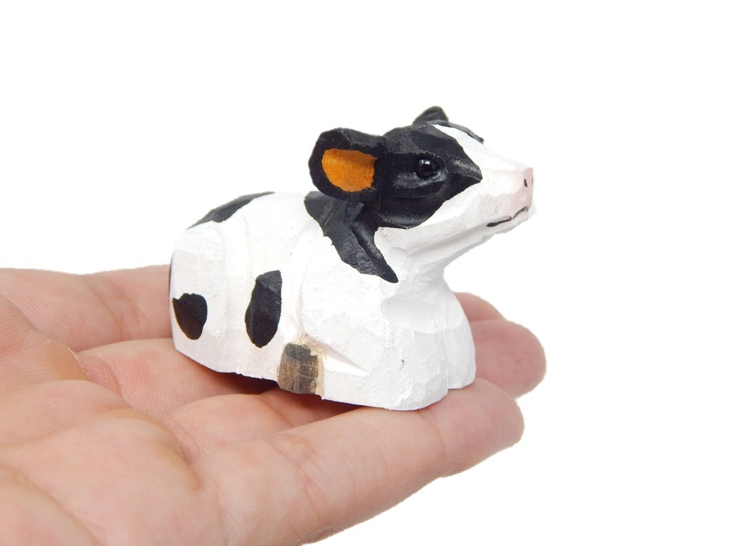 Spotted Cow Ornament Hanging Figurine | Hand Wooden Carved Farm Animal Collectible