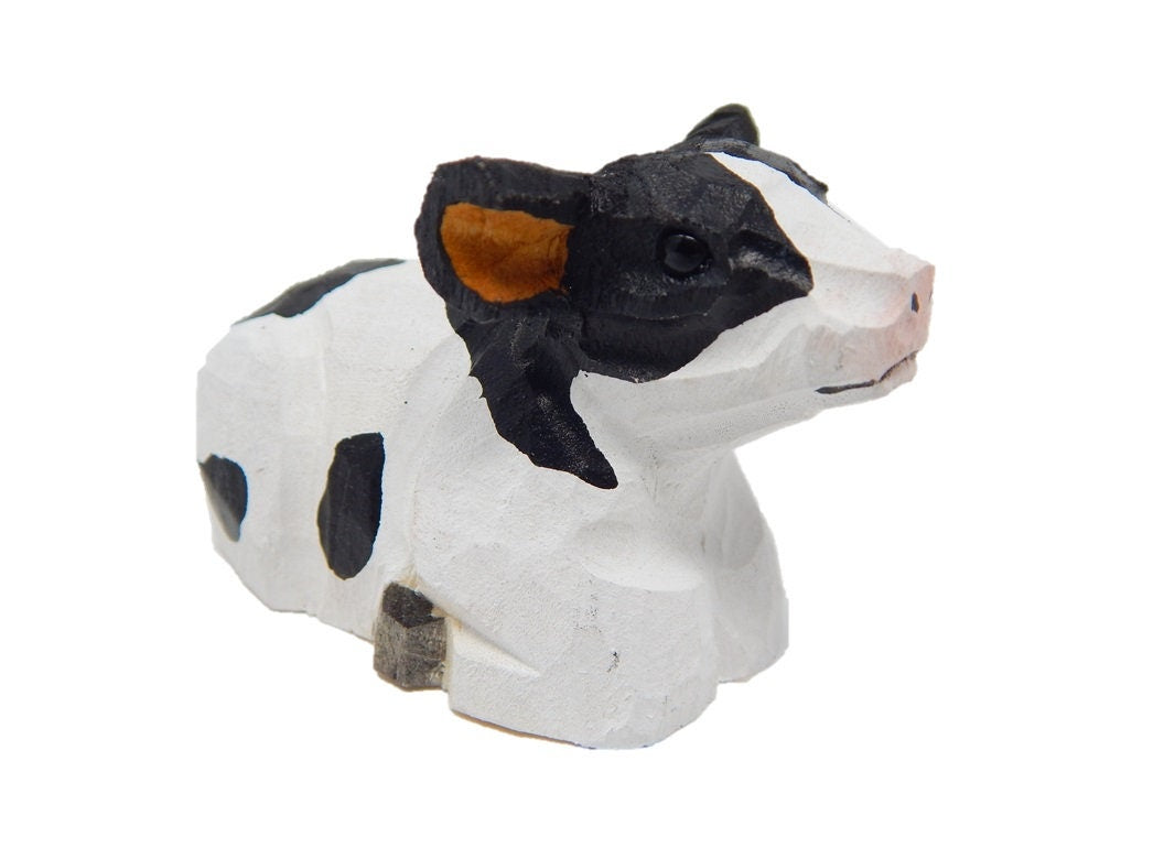 Spotted Cow Ornament Hanging Figurine | Hand Wooden Carved Farm Animal Collectible