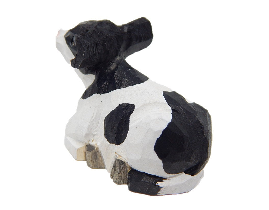 Spotted Cow Ornament Hanging Figurine | Hand Wooden Carved Farm Animal Collectible