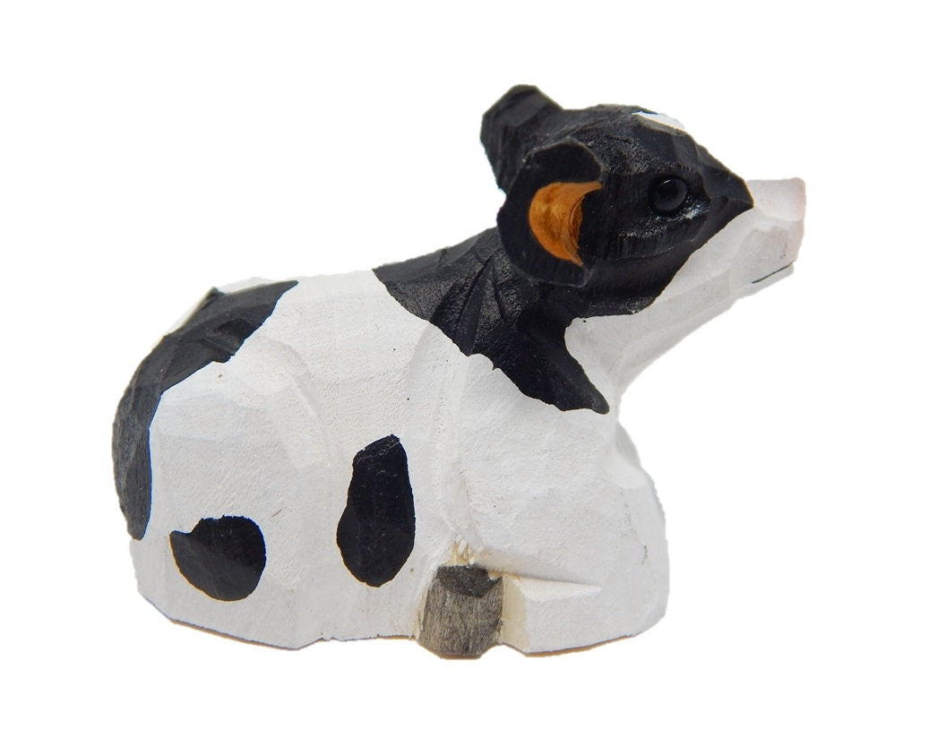 Spotted Cow Wine Stopper Wooden Figurine | Hand Carved Farm Animal Collectible