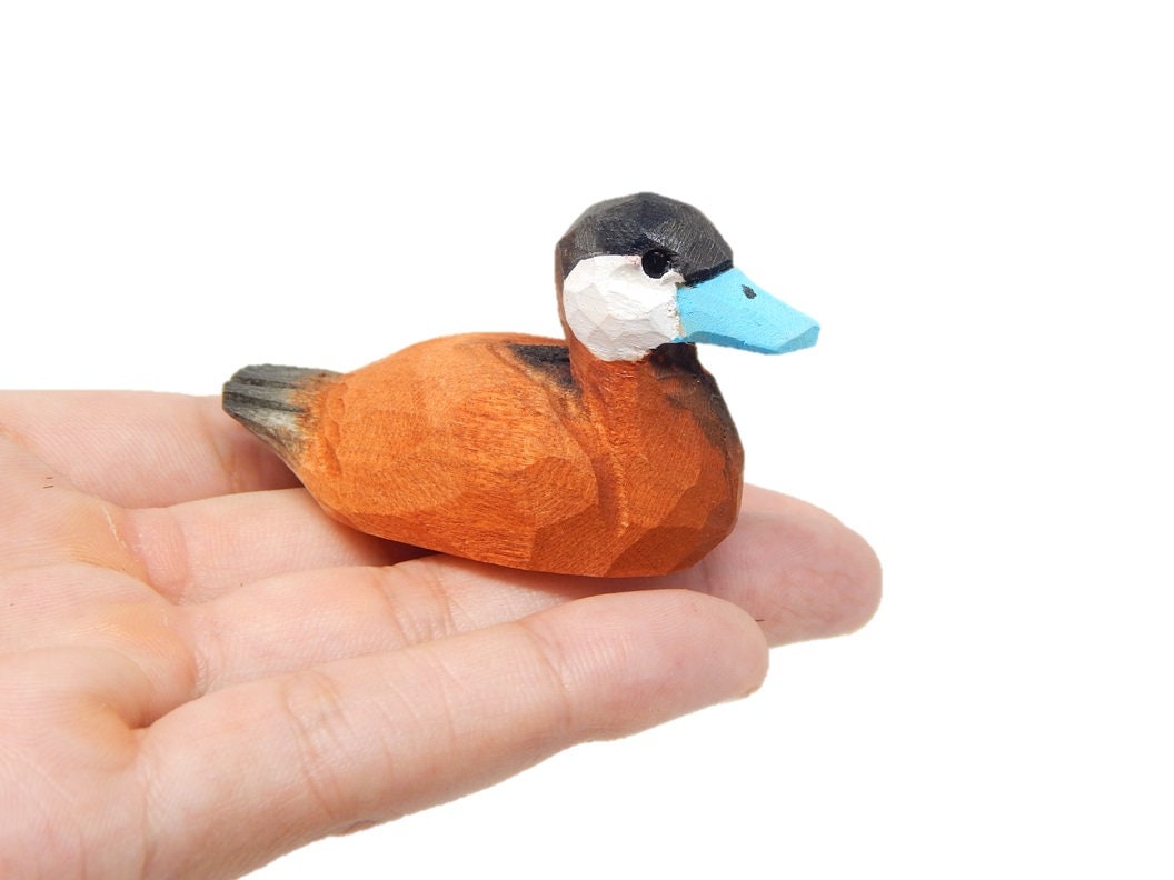 Ruddy Duck Wooden Figurine - Blue Bill Miniature Bird Statue Handmade Carving Home Decor Decoration Decoy Small Animals