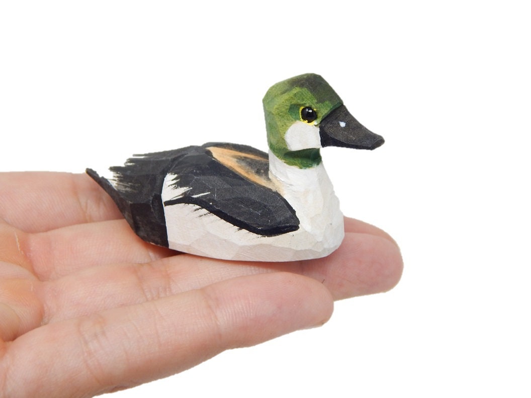 Handmade Wooden Goldeneye Duck Ornament: Small Hanging Carved Figurine