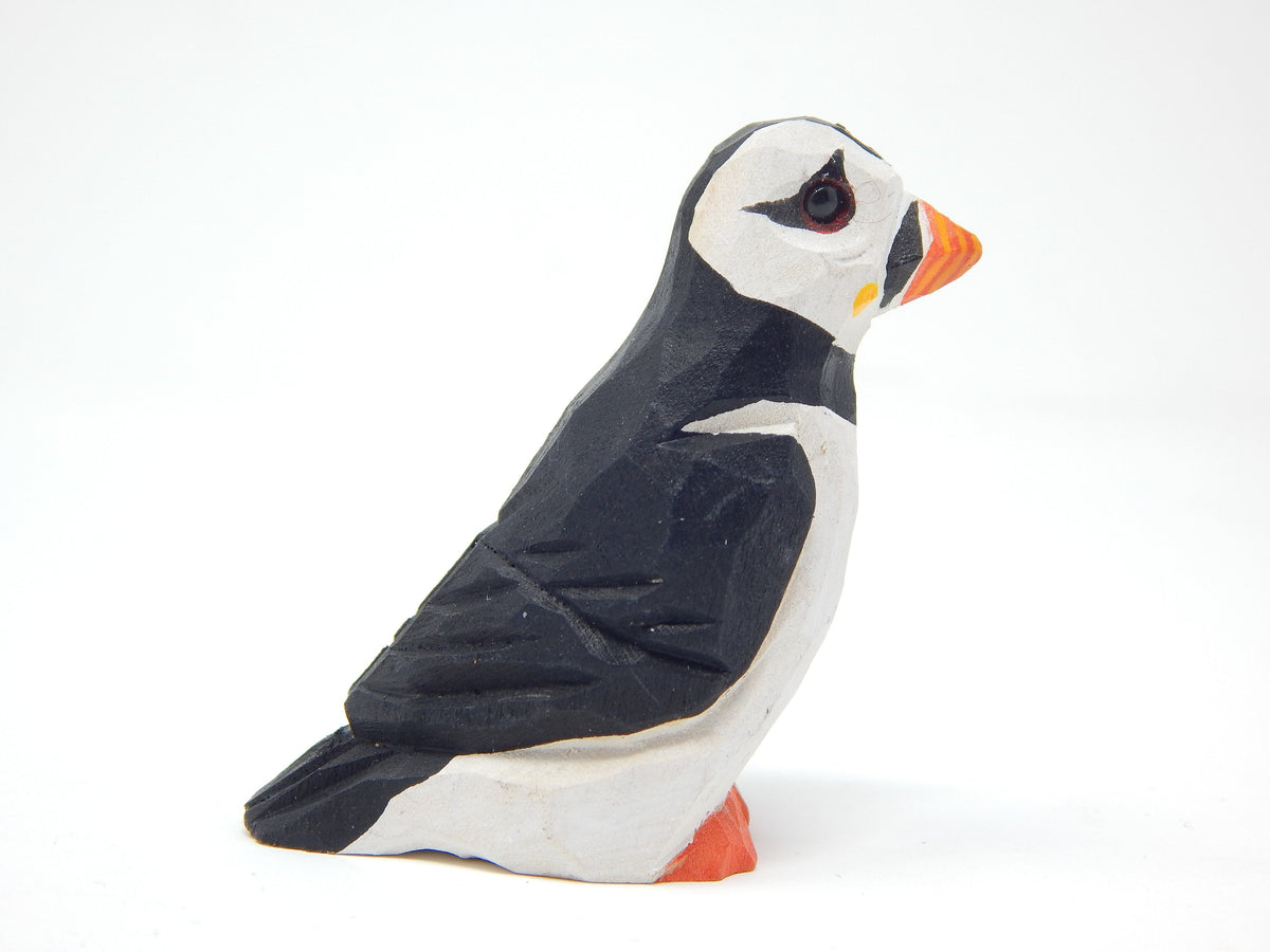 Hand-Painted Wooden Puffin Ornament – Recycled Arctic Bird Art Miniature Carving