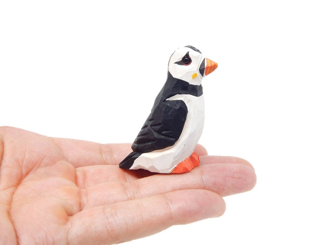 Hand-Painted Wooden Puffin Ornament – Recycled Arctic Bird Art Miniature Carving