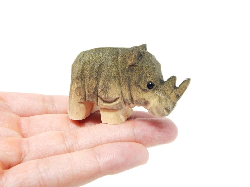 Rhino Handmade Wood Figurine Animal Statue Decoration Carving Miniature Small Gift Horned Sculpture