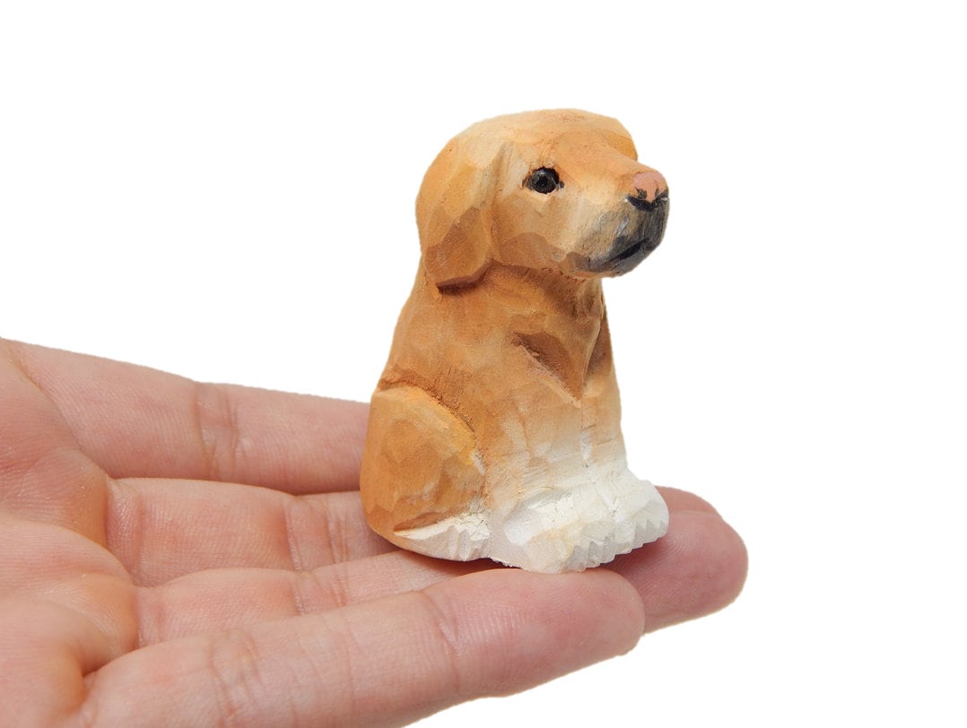 Labrador Retriever Dog Puppy Figurine - Miniature 2 Inch Wooden Carving Handmade Home Decor Small Animal Garden Statue Toy Pet Loss Memorial